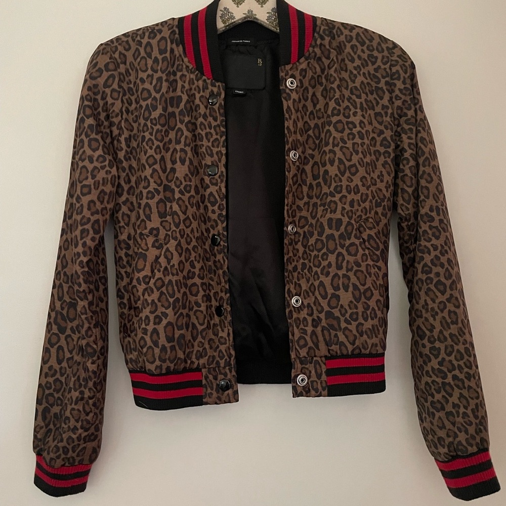 R13 Bomber Jacket Shrunken Roadie Cropped Small Brown Black Red Leopard Print